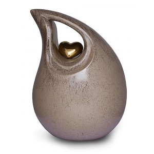 Ceramic (Small Size) – Pet Cremation Ashes Urn – Teardrop Design (Neutral with Gold Heart Motif)